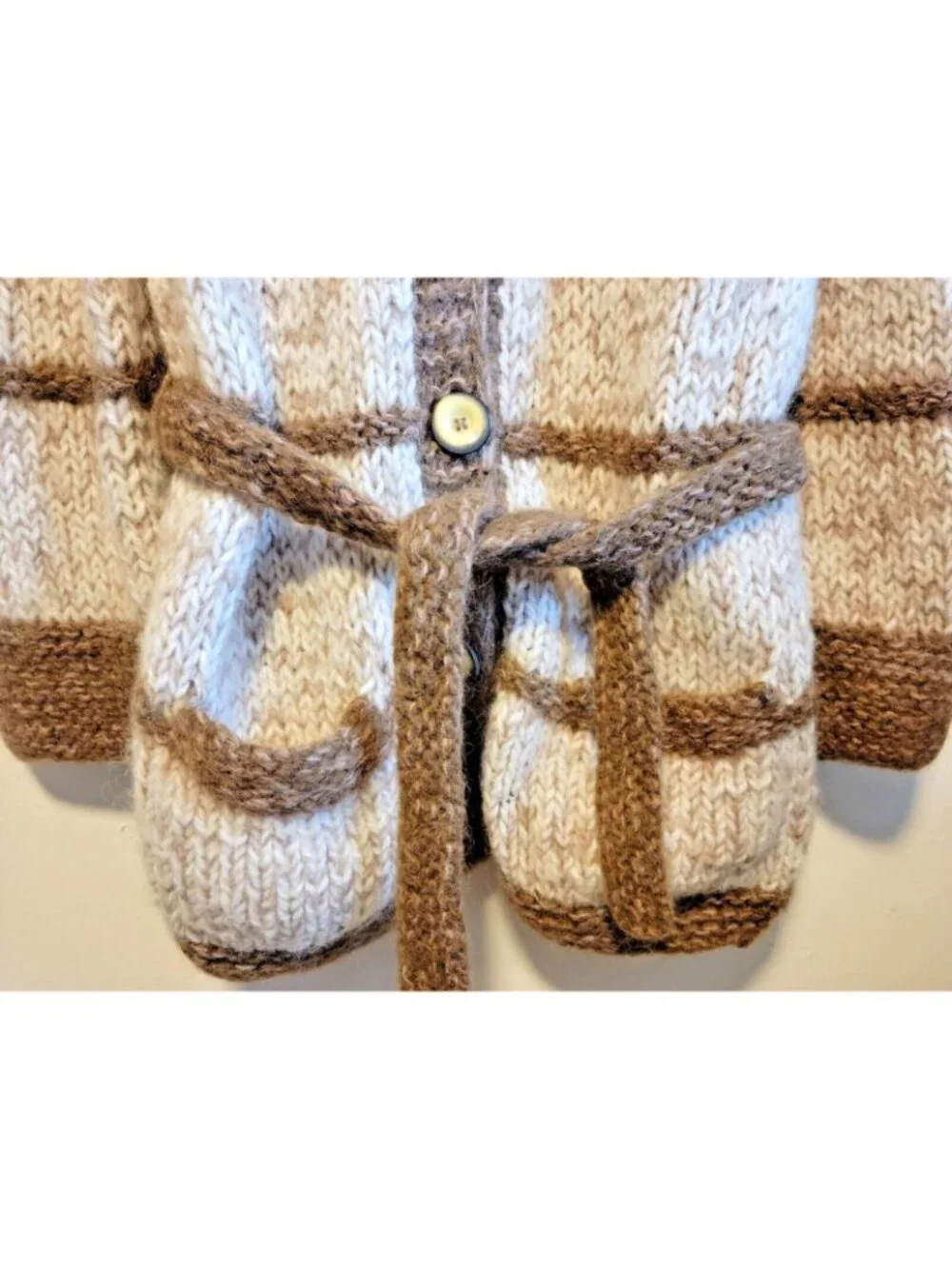 Hand Knitted Italian Wool Mix Shawl Belted Cardigan Brown Cream Vintage 70s Med